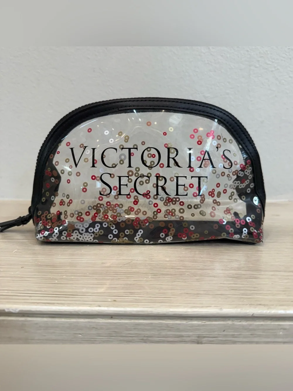 Victoria's Secret Clear Cosmetic Pouch with Red, Gold, White & Black Sequins